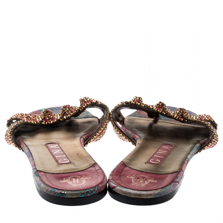مملوكة مسبقًا Gina Pink Crystal Embellished Leather Flat Slides Size 39.5