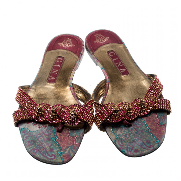 مملوكة مسبقًا Gina Pink Crystal Embellished Leather Flat Slides Size 39.5