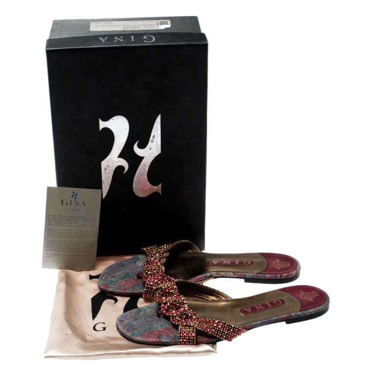 مملوكة مسبقًا Gina Pink Crystal Embellished Leather Flat Slides Size 39.5