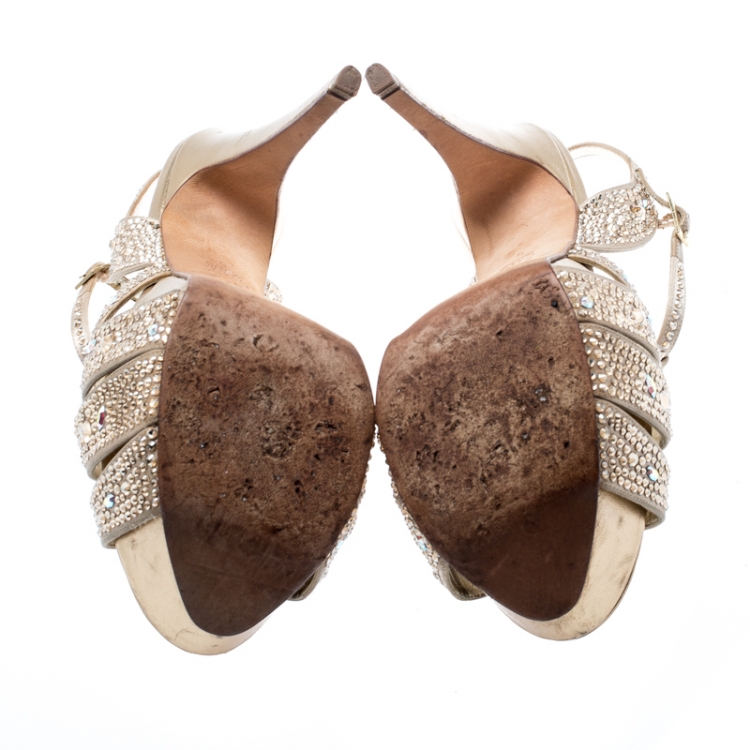 Pre Owned Gina Gold Crystal Embellished Satin T Strap Platform Sandals Size 38