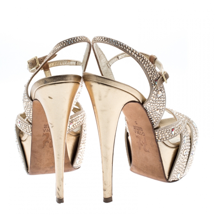 Pre Owned Gina Gold Crystal Embellished Satin T Strap Platform Sandals Size 38