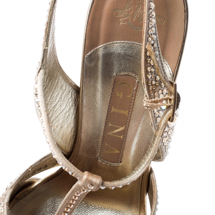 Pre Owned Gina Gold Crystal Embellished Satin T Strap Platform Sandals Size 38
