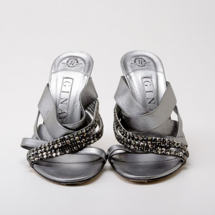 Pre Owned Gina Metallic Leather Crystal Slides Size 39