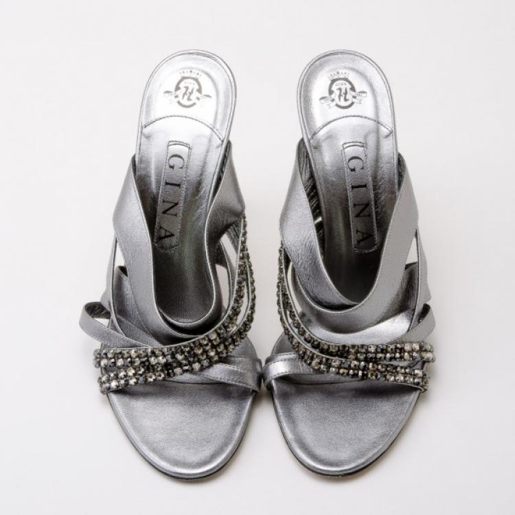 Pre Owned Gina Metallic Leather Crystal Slides Size 39