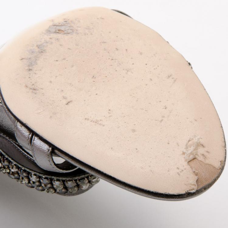 Pre Owned Gina Metallic Leather Crystal Slides Size 39