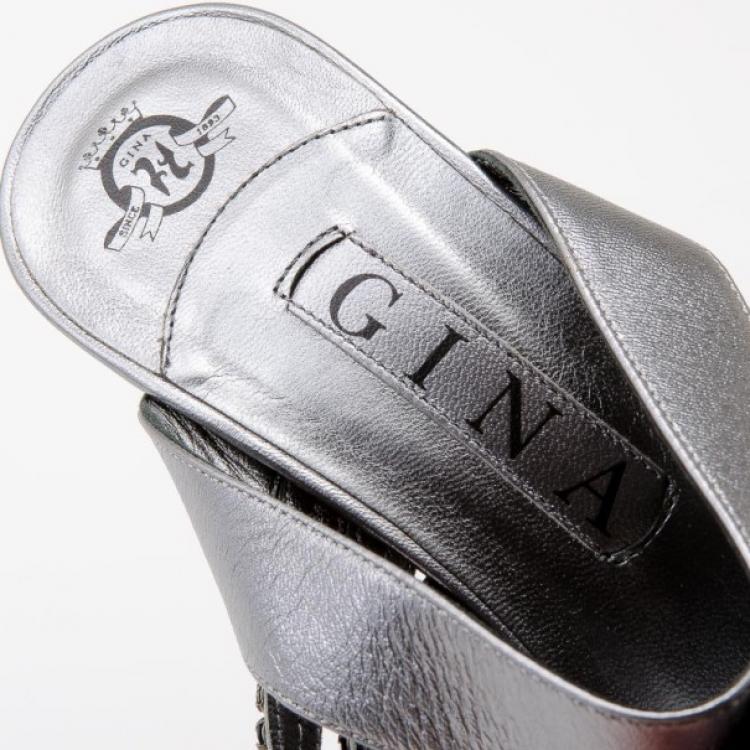 Pre Owned Gina Metallic Leather Crystal Slides Size 39