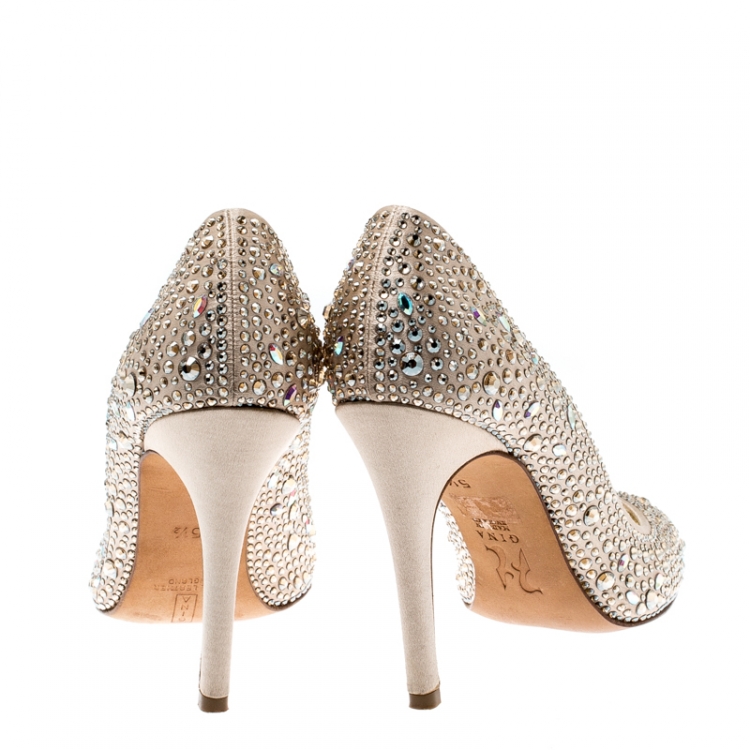 Pre Owned Gina Beige Crystal Embellished Satin Pumps Size 38.5