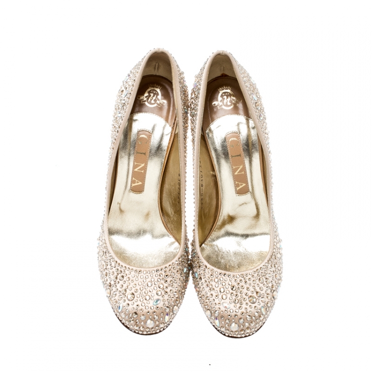 Pre Owned Gina Beige Crystal Embellished Satin Pumps Size 38.5