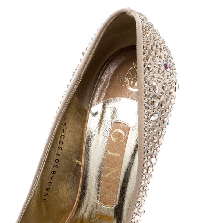 Pre Owned Gina Beige Crystal Embellished Satin Pumps Size 38.5