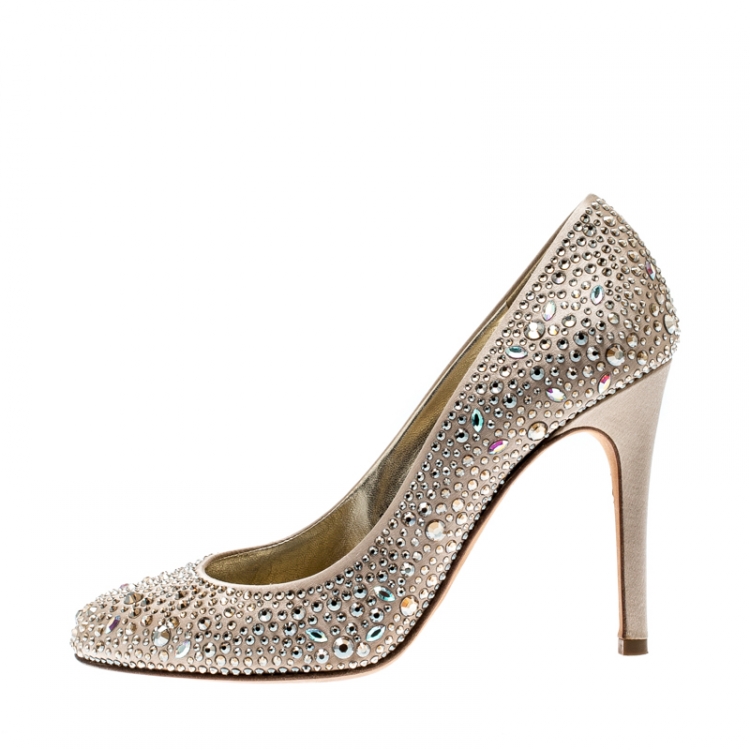 Pre Owned Gina Beige Crystal Embellished Satin Pumps Size 38.5