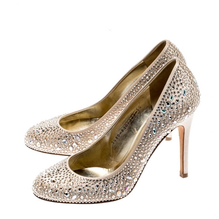Pre Owned Gina Beige Crystal Embellished Satin Pumps Size 38.5