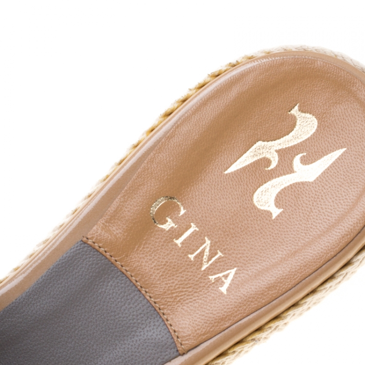 Pre Owned Gina Gold Crystal Embellished Peep Toe Espadrille Flat Slides Size 38