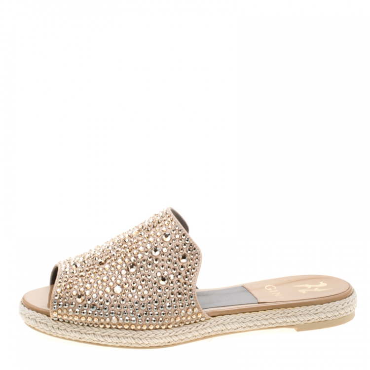Pre Owned Gina Gold Crystal Embellished Peep Toe Espadrille Flat Slides Size 38