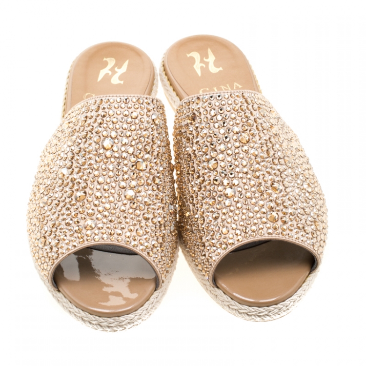 Pre Owned Gina Gold Crystal Embellished Peep Toe Espadrille Flat Slides Size 38
