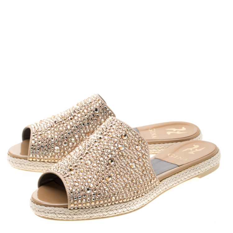 Pre Owned Gina Gold Crystal Embellished Peep Toe Espadrille Flat Slides Size 38