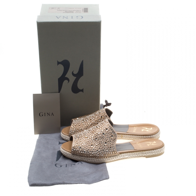 Pre Owned Gina Gold Crystal Embellished Peep Toe Espadrille Flat Slides Size 38