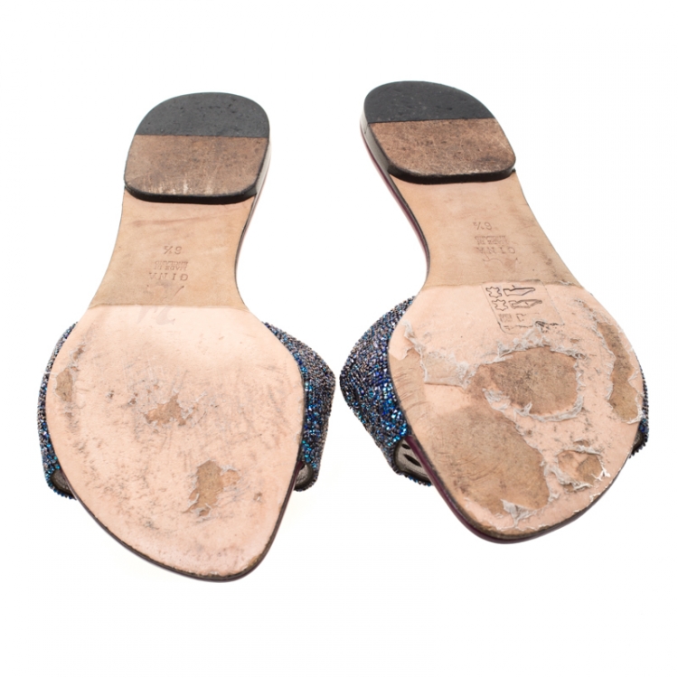 Pre Owned Gina Blue Crystal Embellished Flat Slides Size 39