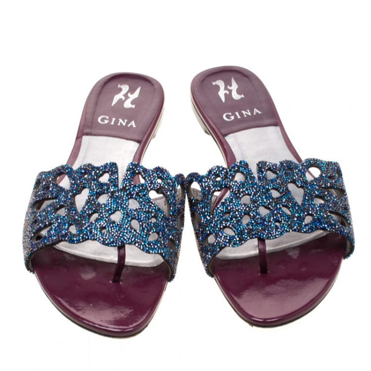 Pre Owned Gina Blue Crystal Embellished Flat Slides Size 39