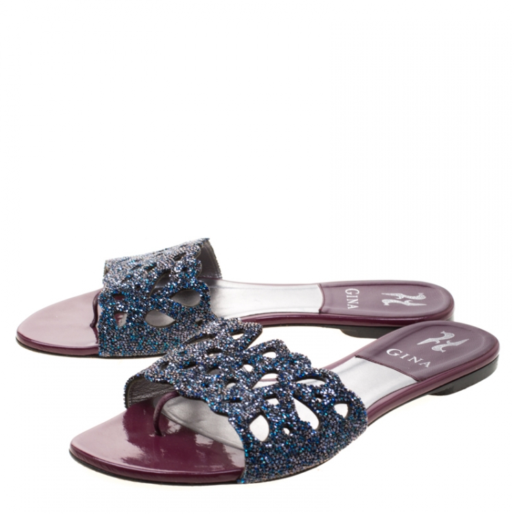 Pre Owned Gina Blue Crystal Embellished Flat Slides Size 39