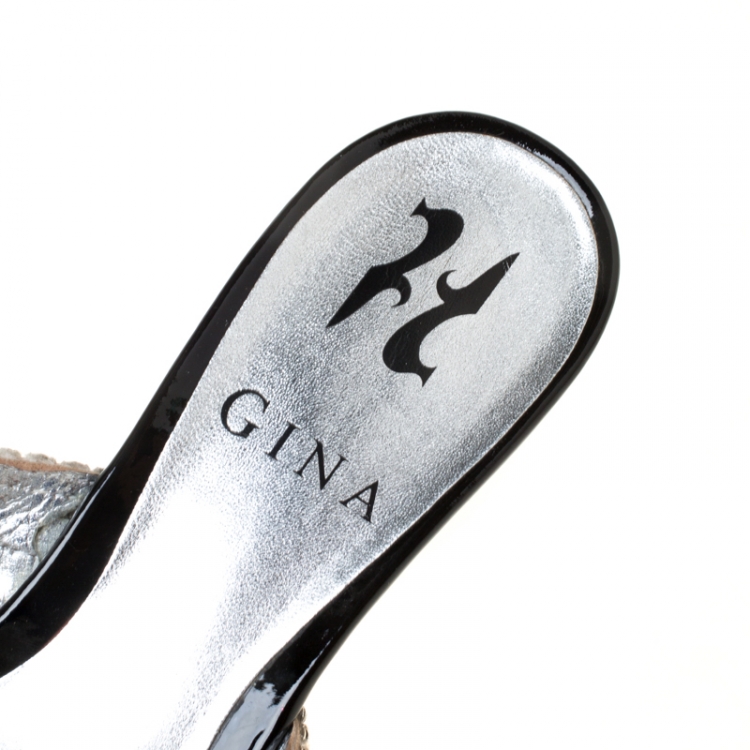 Pre Owned Gina Metallic Silver Crystal Embellished Open Toe Sandals Size 34