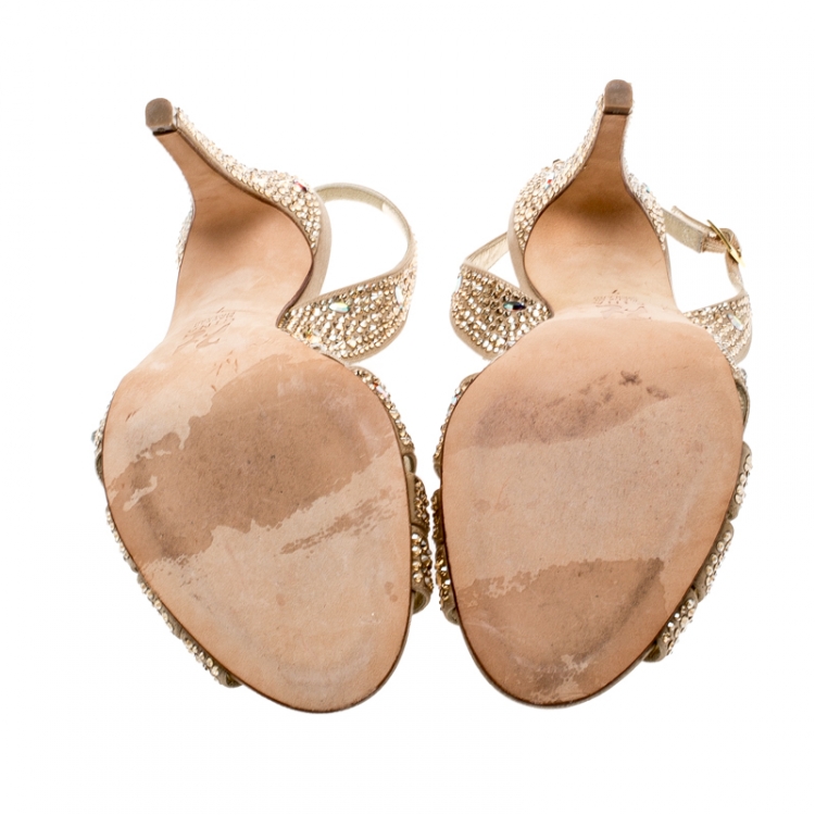 Pre Owned Gina Gold Crystal Embellished Satin Trudy Slingback Sandals Size 40