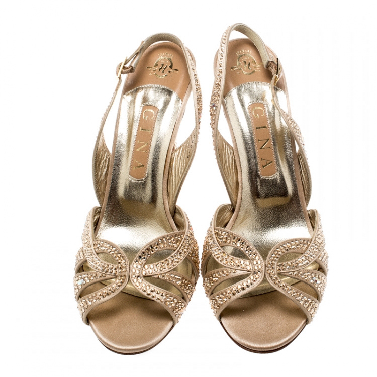 Pre Owned Gina Gold Crystal Embellished Satin Trudy Slingback Sandals Size 40
