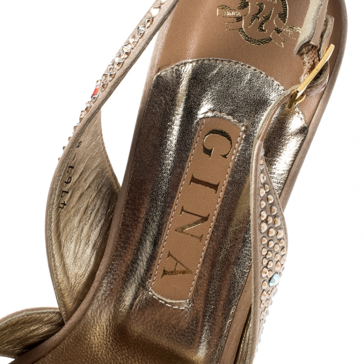 Pre Owned Gina Gold Crystal Embellished Satin Trudy Slingback Sandals Size 40