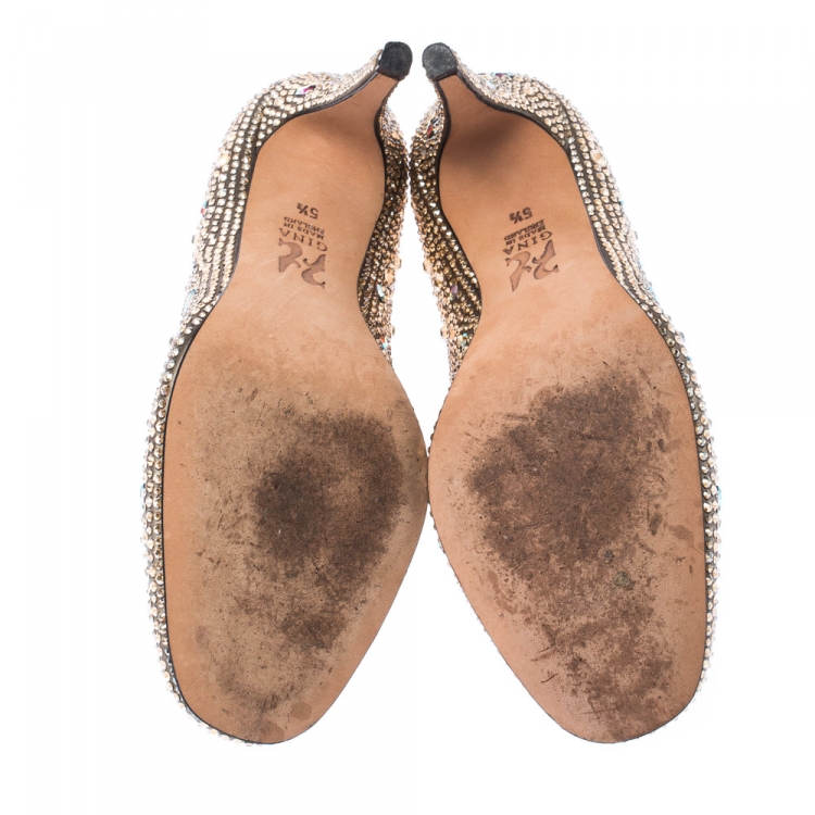 Pre Owned Gina Blush Grey Crystal Embellished Satin Pumps Size 38.5