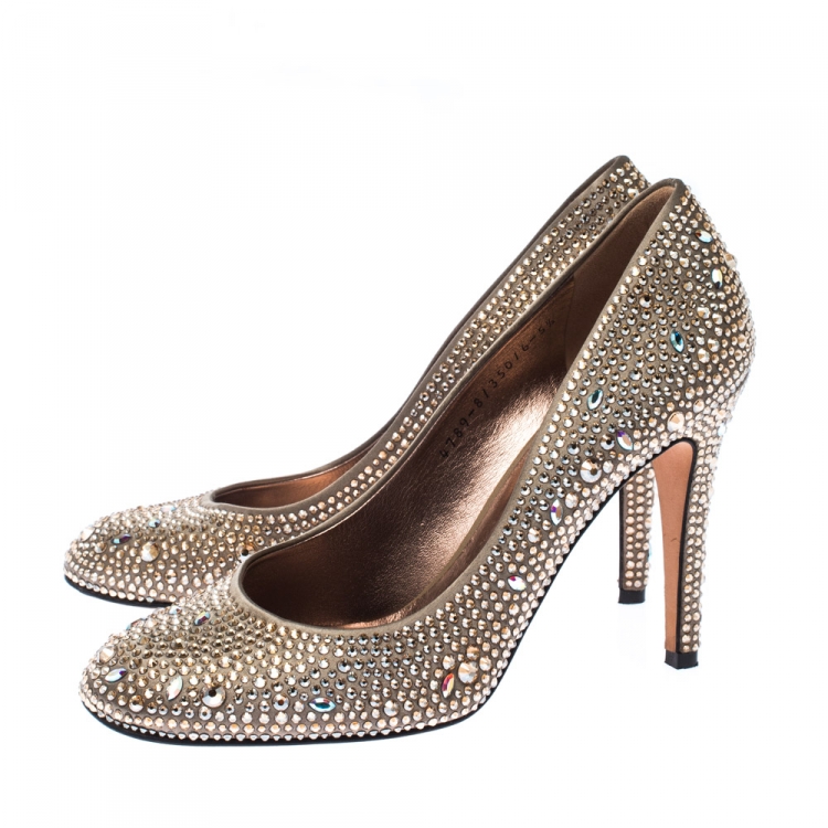 Pre Owned Gina Blush Grey Crystal Embellished Satin Pumps Size 38.5