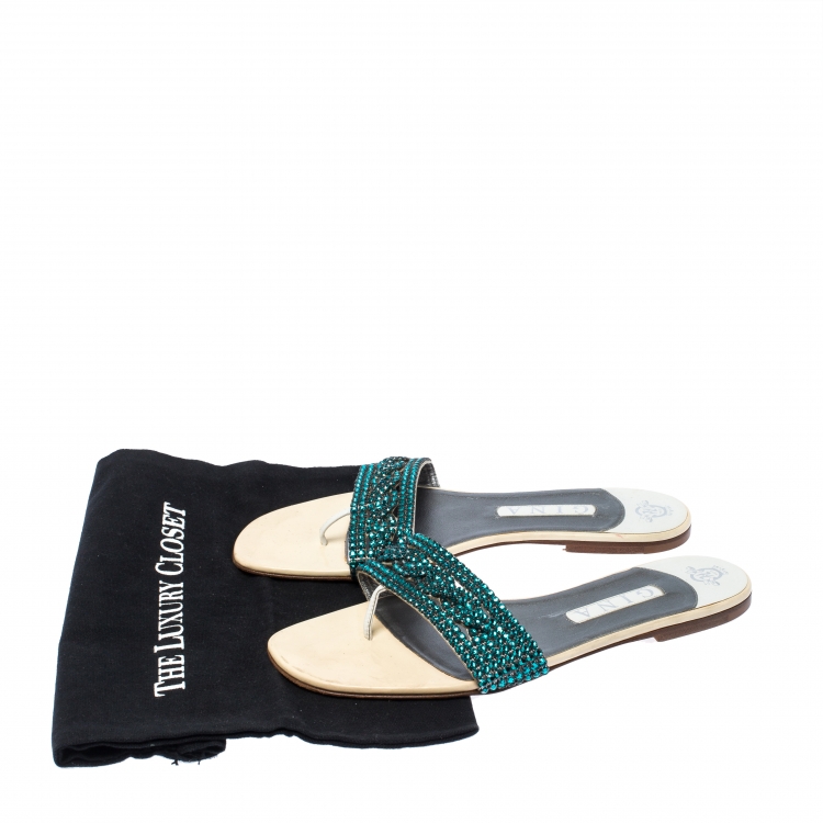 Pre Owned Gina Blue Crystal Embellished Leather Flat Sandals Size 41