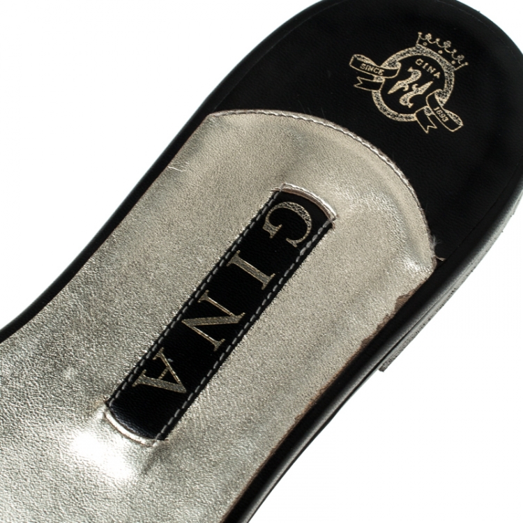 Pre Owned Gina Metallic Gold Crystal Embellished Loren Flat Sandals Size 41.5