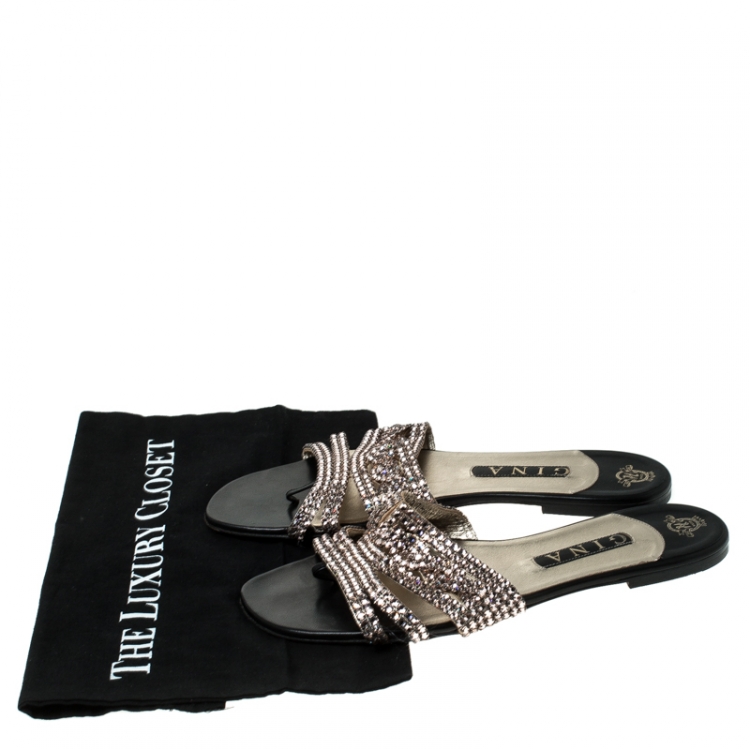 Pre Owned Gina Metallic Gold Crystal Embellished Loren Flat Sandals Size 41.5