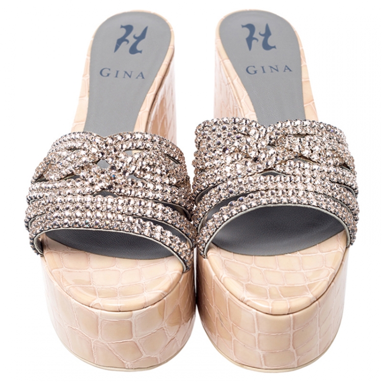 Pre Owned Gina Beige Croc Embossed Leather Embellished Wedge Platform Sandals Size 37.5