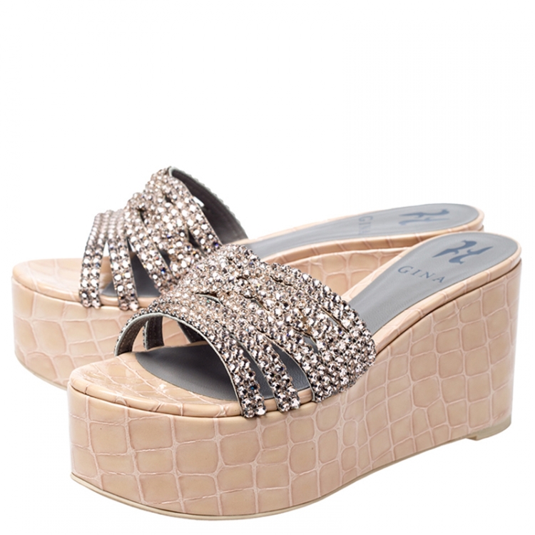 Pre Owned Gina Beige Croc Embossed Leather Embellished Wedge Platform Sandals Size 37.5