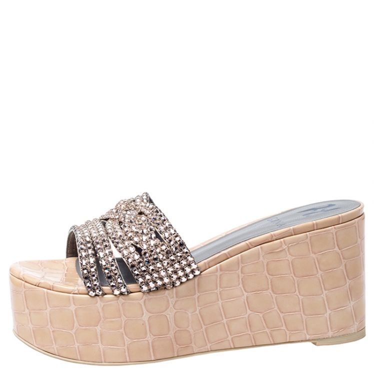 Pre Owned Gina Beige Croc Embossed Leather Embellished Wedge Platform Sandals Size 37.5