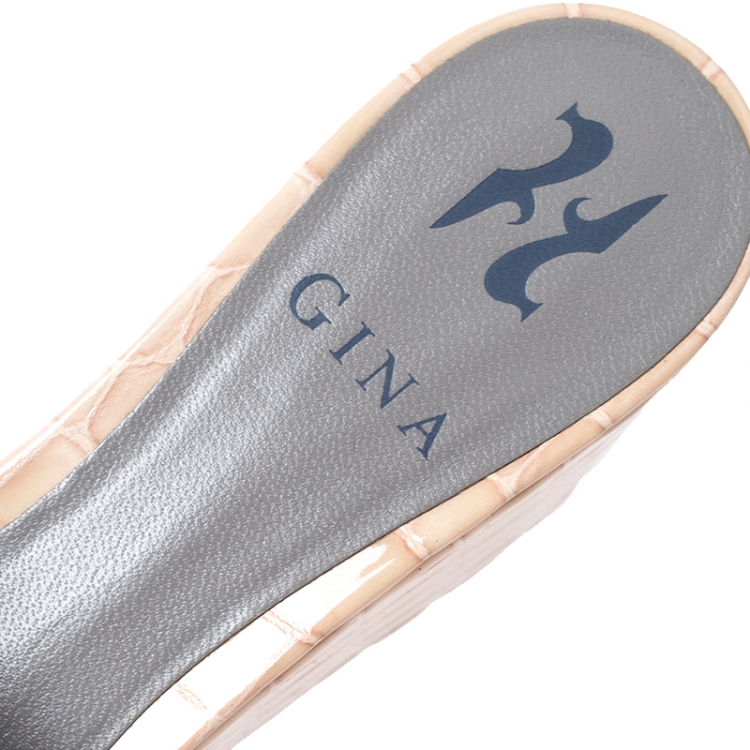 Pre Owned Gina Beige Croc Embossed Leather Embellished Wedge Platform Sandals Size 37.5