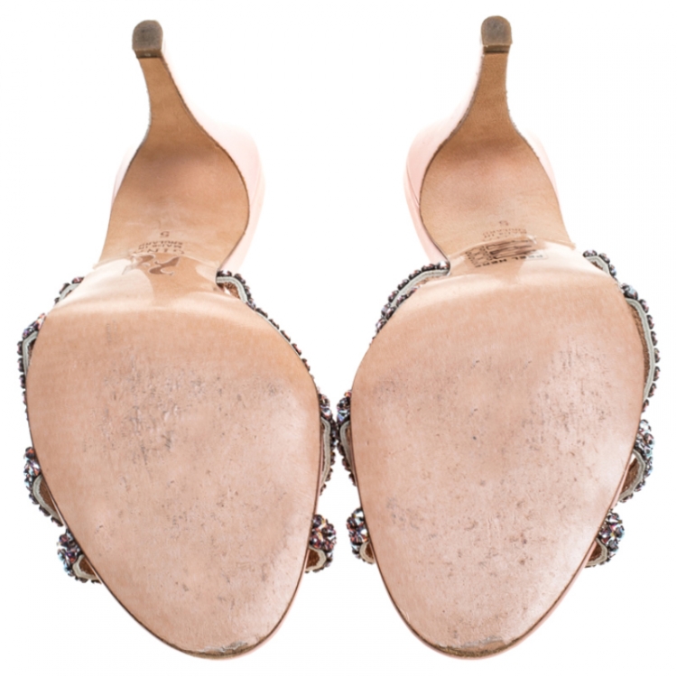 Pre Owned Gina Pink Patent Leather Crystal Embellished Jarrah Sandals Size 38