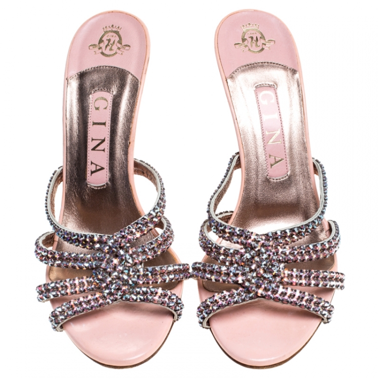 Pre Owned Gina Pink Patent Leather Crystal Embellished Jarrah Sandals Size 38