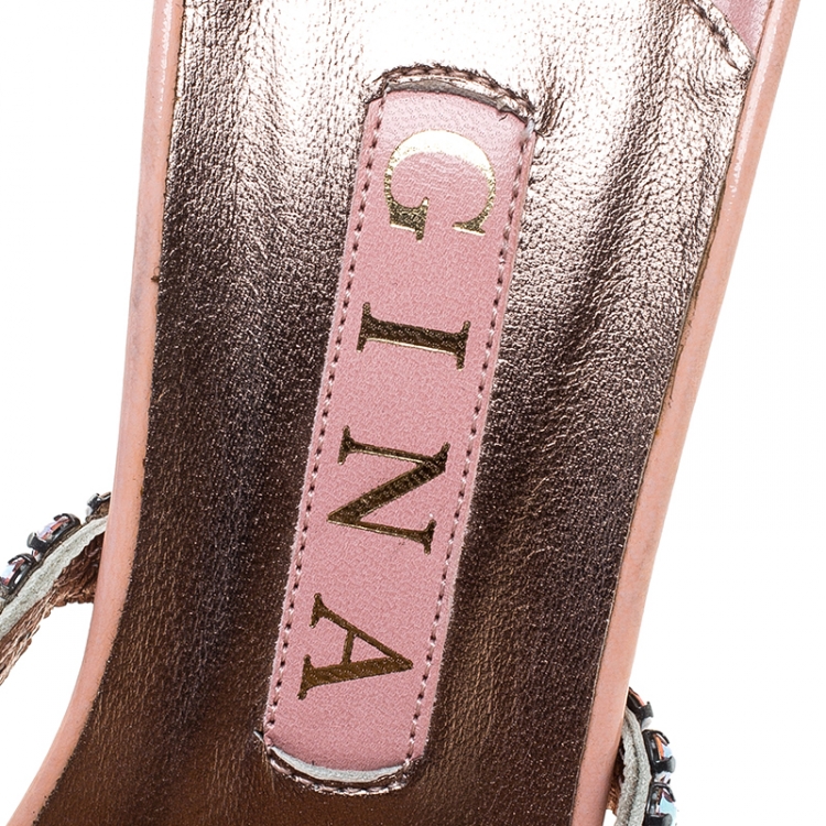 Pre Owned Gina Pink Patent Leather Crystal Embellished Jarrah Sandals Size 38