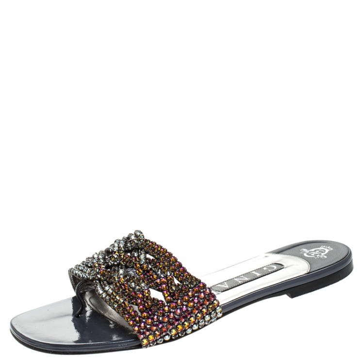 Pre Owned Gina Grey Crystal Embellished Leather Flat Slides Size 38.5