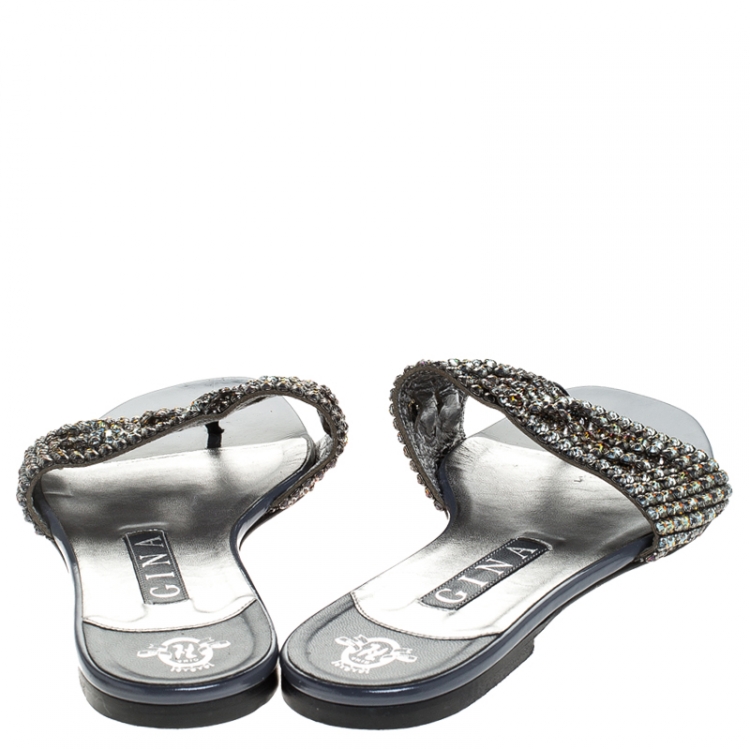 Pre Owned Gina Grey Crystal Embellished Leather Flat Slides Size 38.5