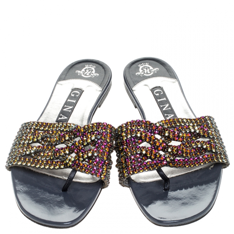 Pre Owned Gina Grey Crystal Embellished Leather Flat Slides Size 38.5