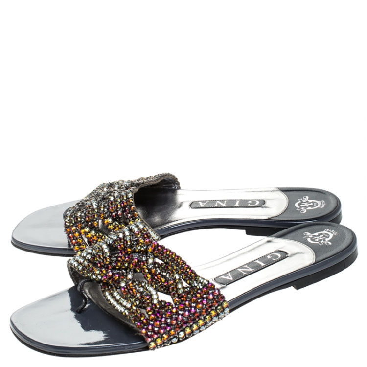 Pre Owned Gina Grey Crystal Embellished Leather Flat Slides Size 38.5