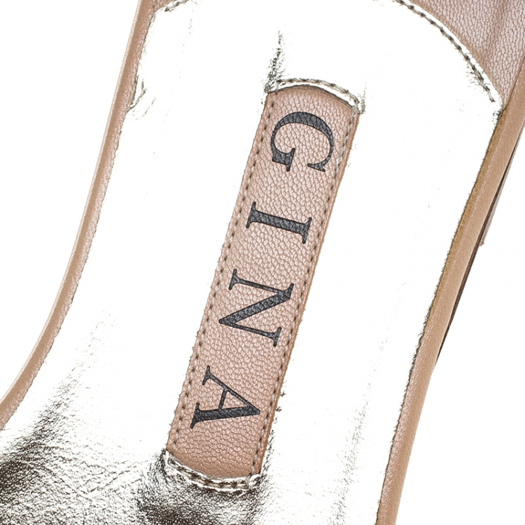 Pre Owned Gina Metallic Bronze Crystal Embellished Leather Thong Flat Slides Size 39