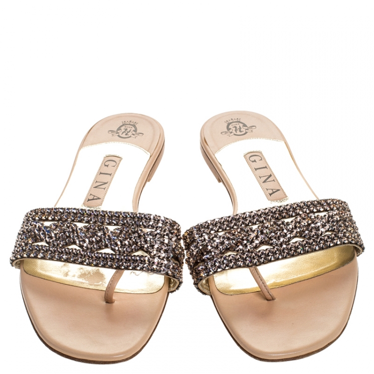 Pre Owned Gina Metallic Bronze Crystal Embellished Leather Thong Flat Slides Size 39