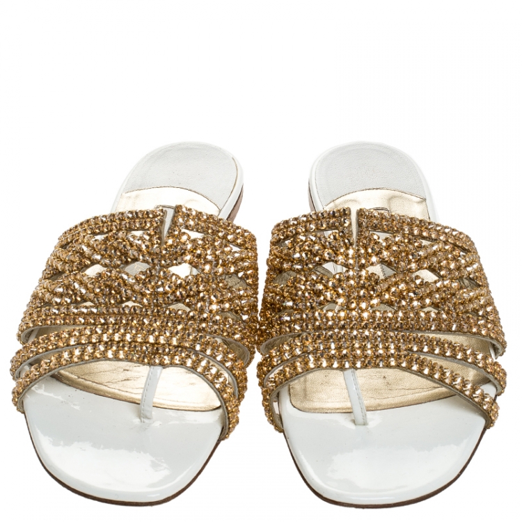 Pre Owned Gina White Crystal Embellished Flat Slides Size 39