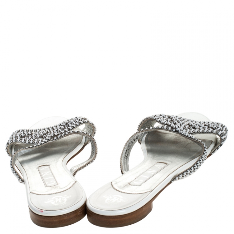 مملوكة مسبقًا Gina White Crystal Embellished Leather Flat Slides Size 39