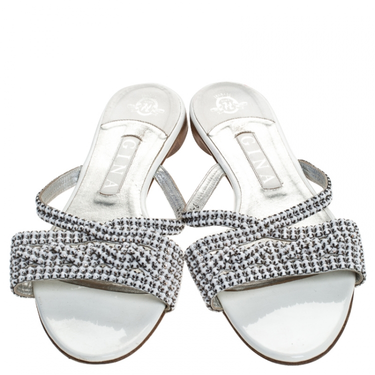 مملوكة مسبقًا Gina White Crystal Embellished Leather Flat Slides Size 39