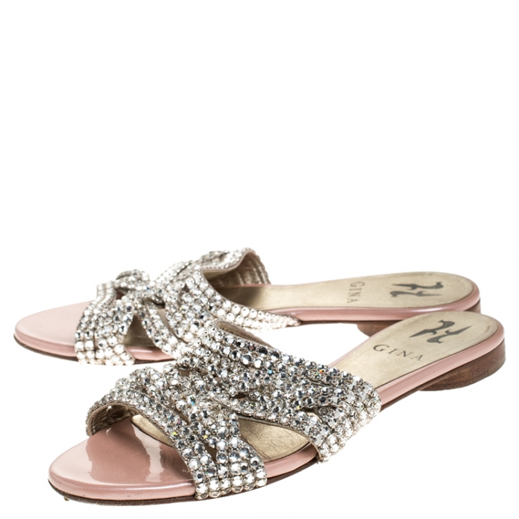 Pre Owned Gina Pink Crystal Embellished Leather Flat Slides Size 36