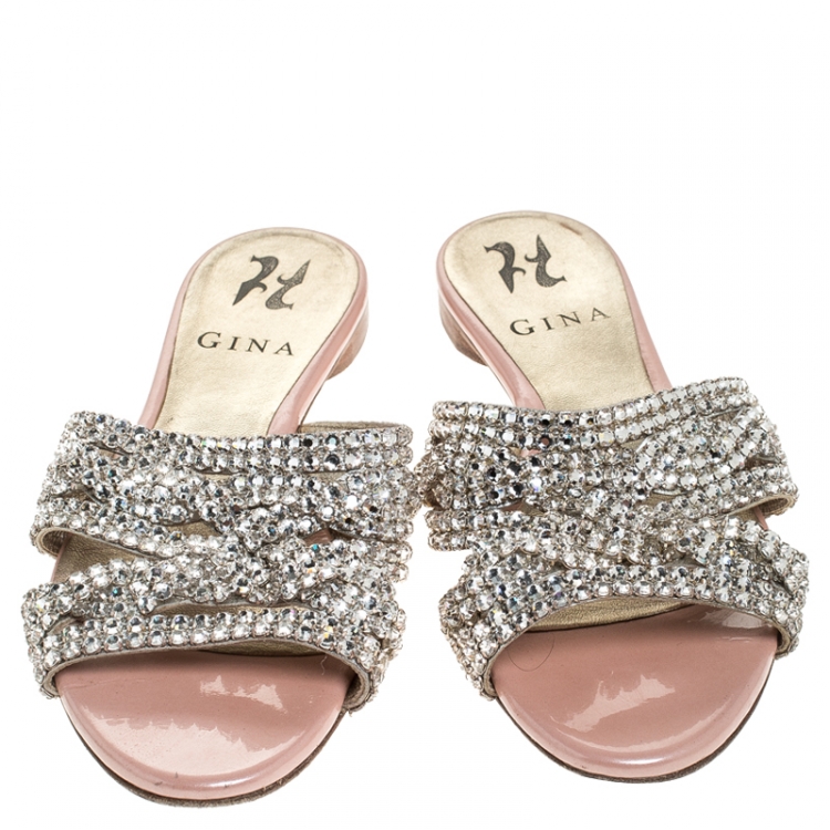 Pre Owned Gina Pink Crystal Embellished Leather Flat Slides Size 36